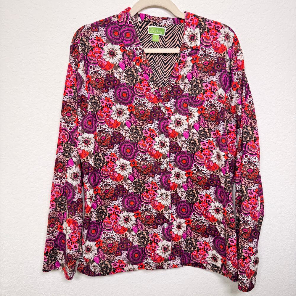 Vera Bradley Womens Button Top Blouse Size L Rosewood Floral 100% Cotton Pink